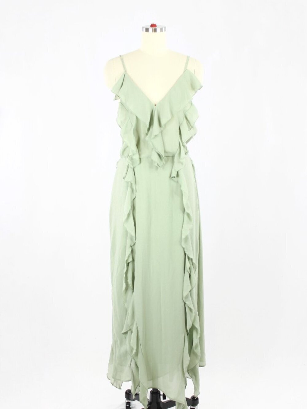 NWT ZARA Sea Green Chiffon Ruffle Cascading Long V-Neck Maxi Dress, Size L
